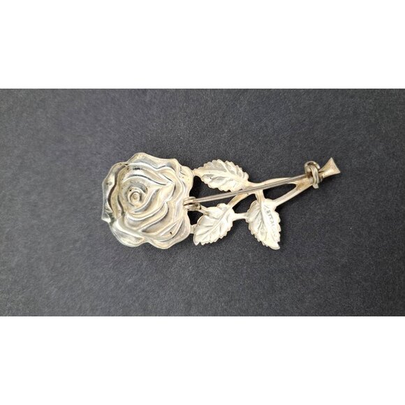 Vintage Sterling Silver Rose Brooch Pin Detailed Floral Design Floral Statement - Picture 5 of 9